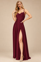 Rutipo Burgundy Silk Like Satin A-Line Slit Bridesmaid Dresses With Spaghetti Straps