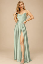 Rutipo Celadon Silk Like Satin A-Line Slit Bridesmaid Dresses With Spaghetti Straps