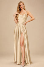 Rutipo Champagne Silk Like Satin A-Line Slit Bridesmaid Dresses With Spaghetti Straps