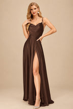 Rutipo Chocolate Silk Like Satin A-Line Slit Bridesmaid Dresses With Spaghetti Straps