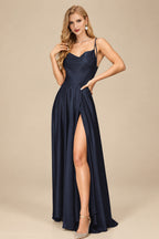Rutipo Dark Navy Silk Like Satin A-Line Slit Bridesmaid Dresses With Spaghetti Straps