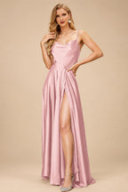 Rutipo Dusty Rose Silk Like Satin A-Line Slit Bridesmaid Dresses With Spaghetti Straps