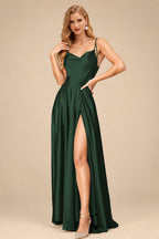 Rutipo Hunter Green Silk Like Satin A-Line Slit Bridesmaid Dresses With Spaghetti Straps