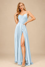 Rutipo Mist Silk Like Satin A-Line Slit Bridesmaid Dresses With Spaghetti Straps