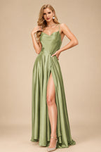 Rutipo Moss Green Silk Like Satin A-Line Slit Bridesmaid Dresses With Spaghetti Straps