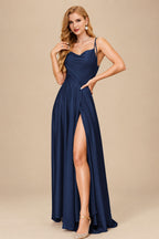 Rutipo Navy Blue Silk Like Satin A-Line Slit Bridesmaid Dresses With Spaghetti Straps