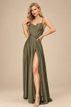 Rutipo Olive Green Silk Like Satin A-Line Slit Bridesmaid Dresses With Spaghetti Straps