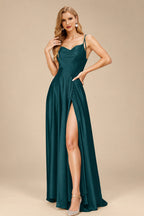 Rutipo Peacock Silk Like Satin A-Line Slit Bridesmaid Dresses With Spaghetti Straps