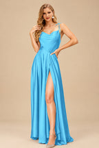 Rutipo Pool Silk Like Satin A-Line Slit Bridesmaid Dresses With Spaghetti Straps