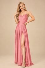 Rutipo Watermelon Silk Like Satin A-Line Slit Bridesmaid Dresses With Spaghetti Straps