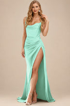 Rutipo Mint Green Cowl Neck Sleeveless Sweep Train Charmeuse Bridesmaid Dresses With Split Front