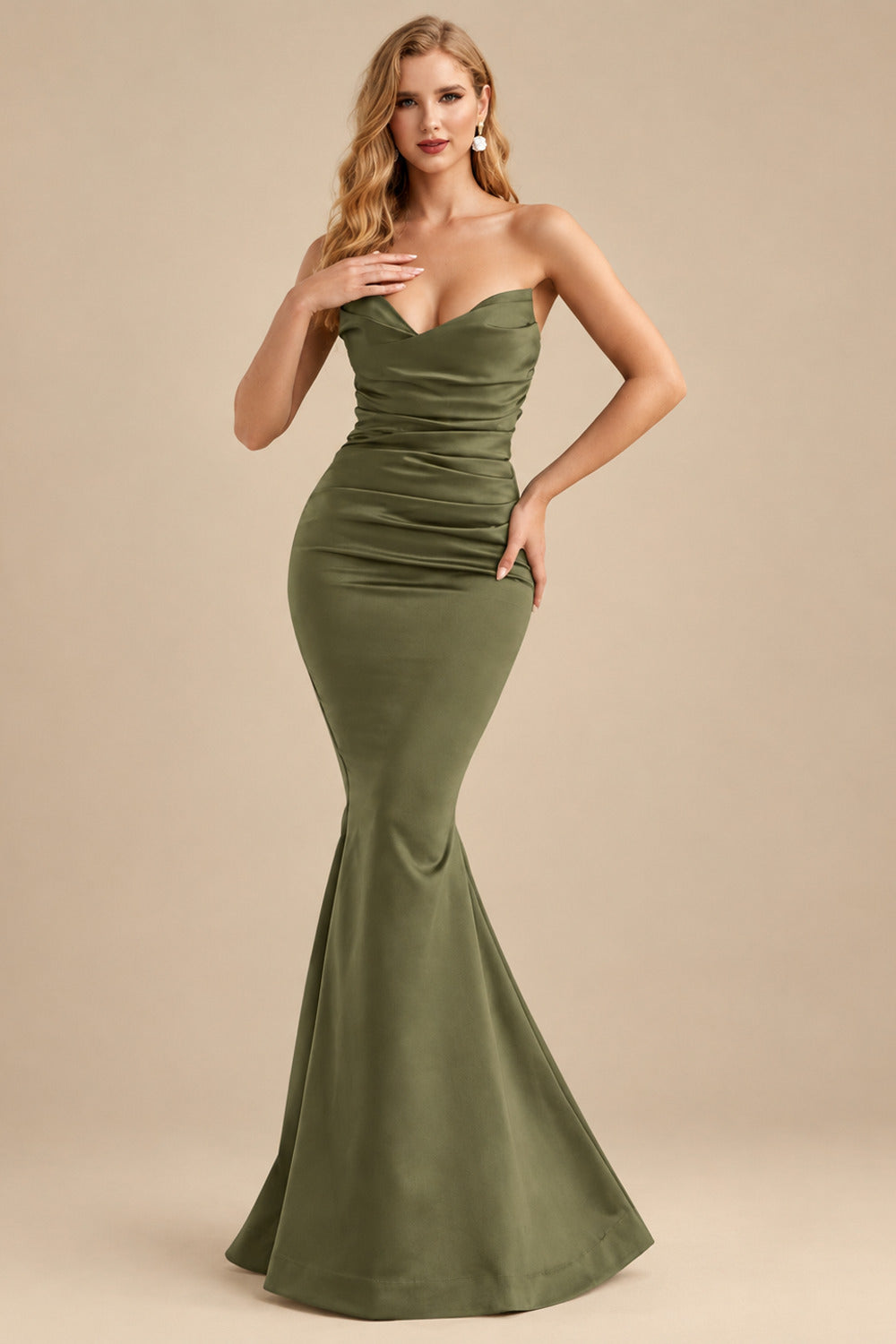 Rutipo Olive Green Trumpet/Mermaid V-Neck Sleeveless Floor-Length Matte Satin Bridesmaid Dresses