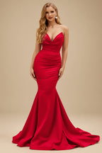 Rutipo Red Trumpet/Mermaid V-Neck Sleeveless Floor-Length Matte Satin Bridesmaid Dresses