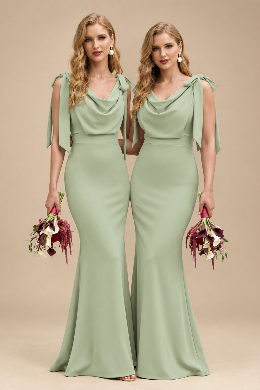 Rutipo Celadon Cowl Neck Sleeveless Floor-Length Bridesmaid Dresses
