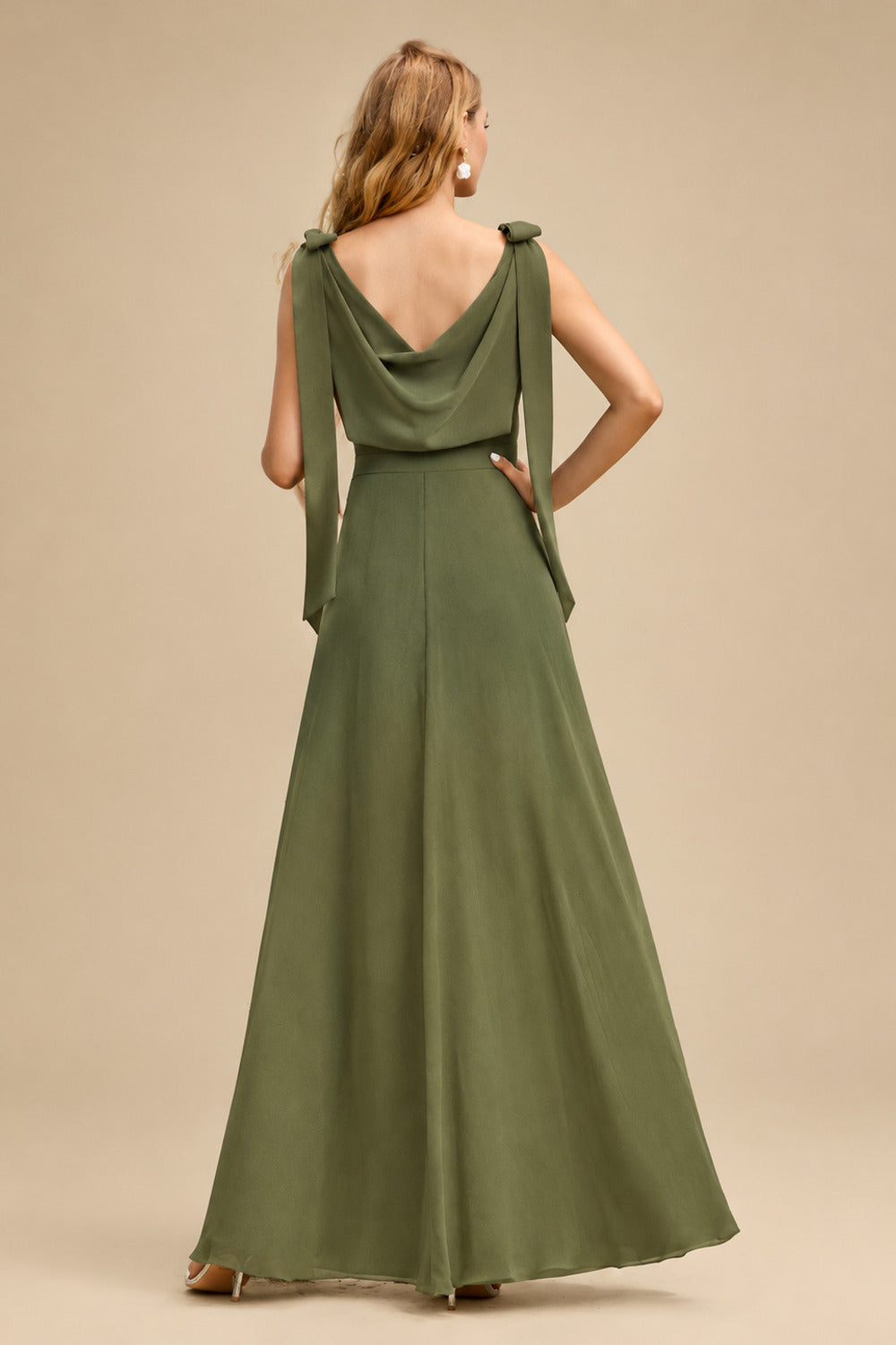 Rutipo Olive Green Cowl Neck Sleeveless Floor-Length Bridesmaid Dresses