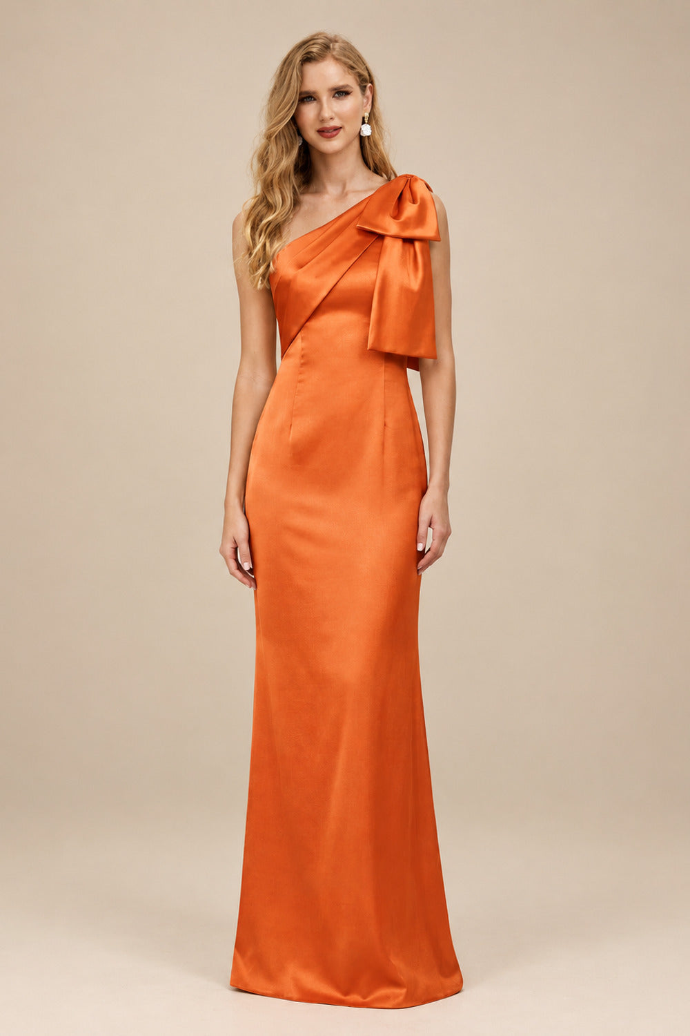 Rutipo Burnt Orange Sheath/Column One-Shoulder Satin Bridesmaid Dresses With Bow(s)