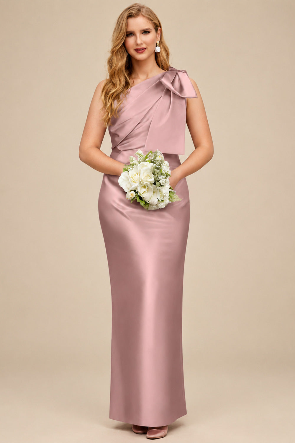 Rutipo Dusty Rose Sheath/Column One-Shoulder Satin Bridesmaid Dresses With Bow(s)