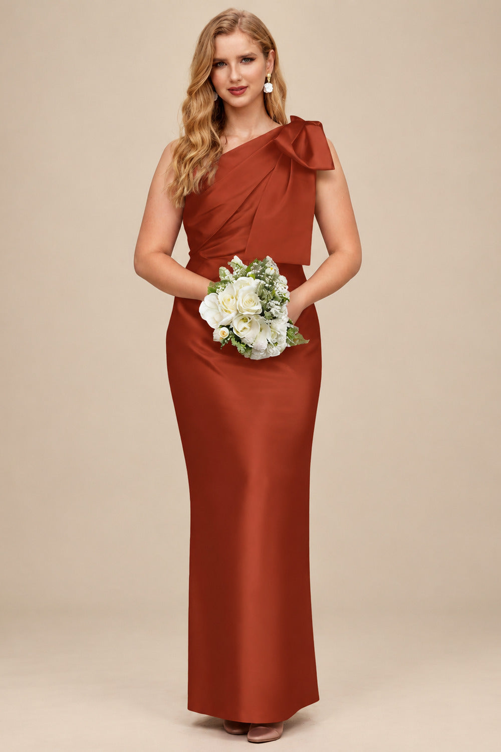 Rutipo Terracotta Sheath/Column One-Shoulder Satin Bridesmaid Dresses With Bow(s)