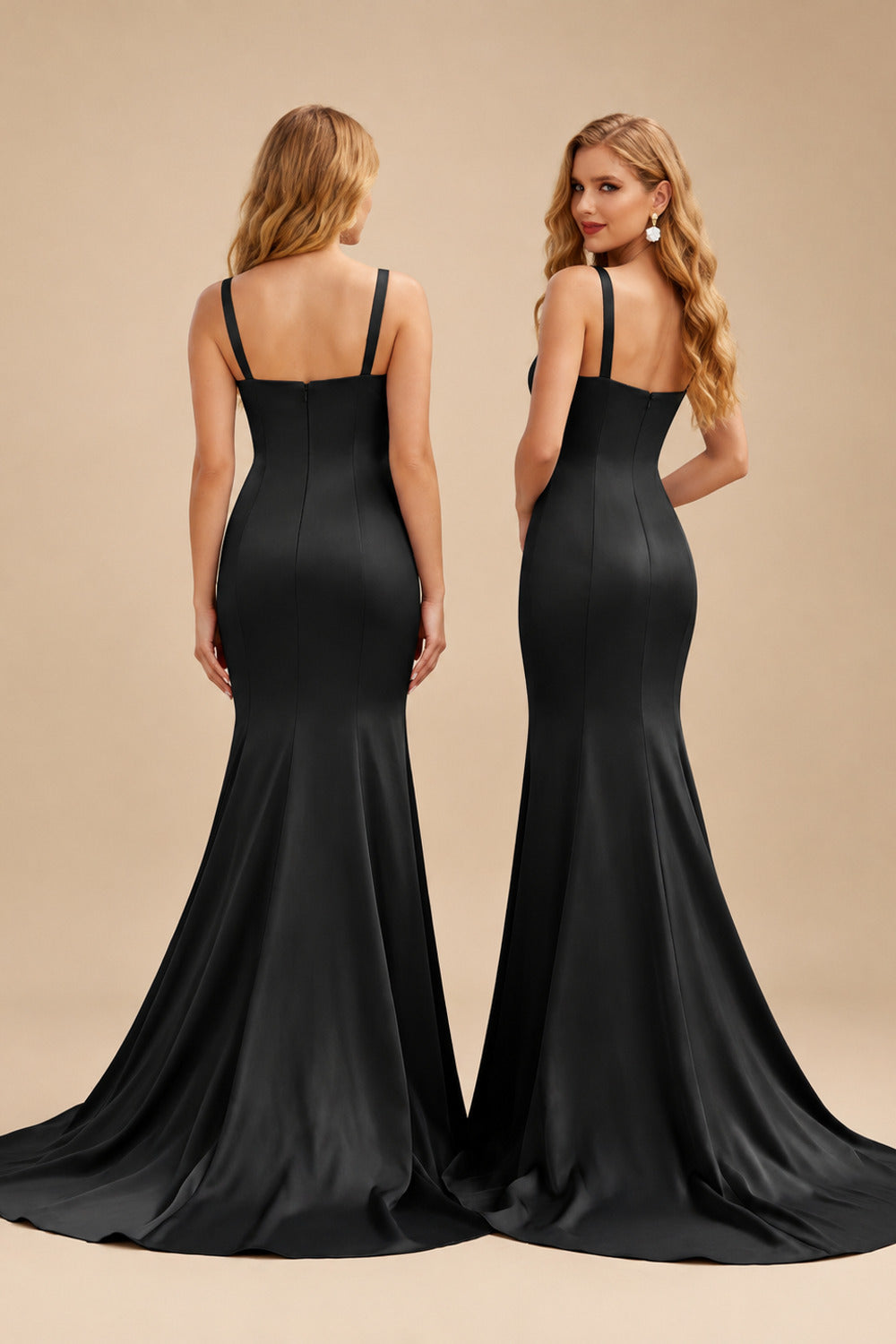 Rutipo Black Trumpet/Mermaid V-Neck Sleeveless Sweep Train Satin Bridesmaid Dresses