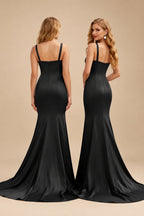 Rutipo Black Trumpet/Mermaid V-Neck Sleeveless Sweep Train Satin Bridesmaid Dresses