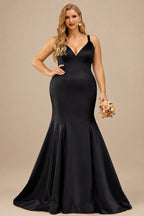 Rutipo Black Trumpet/Mermaid V-Neck Sleeveless Sweep Train Satin Bridesmaid Dresses