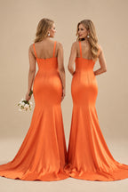 Rutipo Burnt Orange Trumpet/Mermaid V-Neck Sleeveless Sweep Train Satin Bridesmaid Dresses
