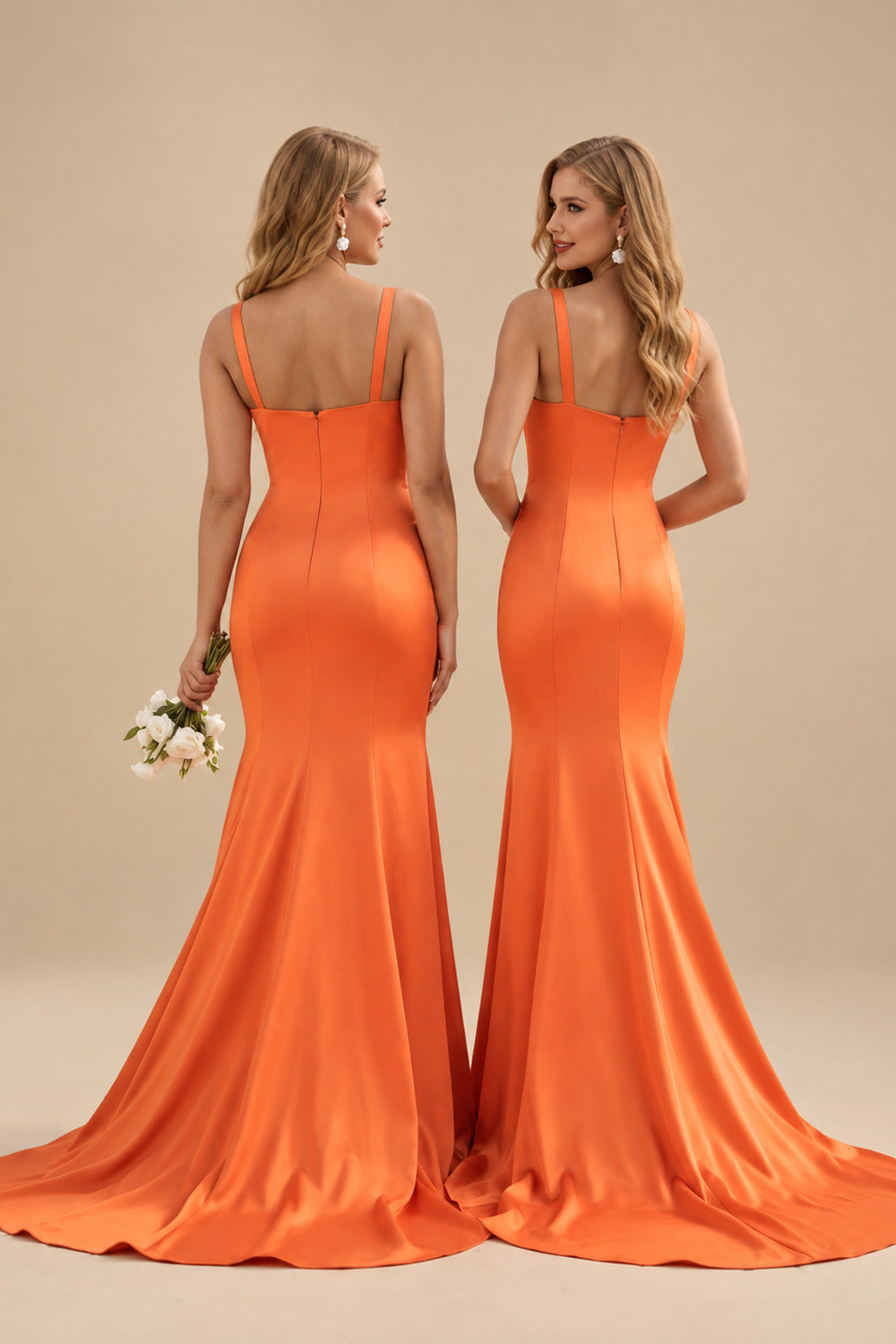 Rutipo Burnt Orange Trumpet/Mermaid V-Neck Sleeveless Sweep Train Satin Bridesmaid Dresses