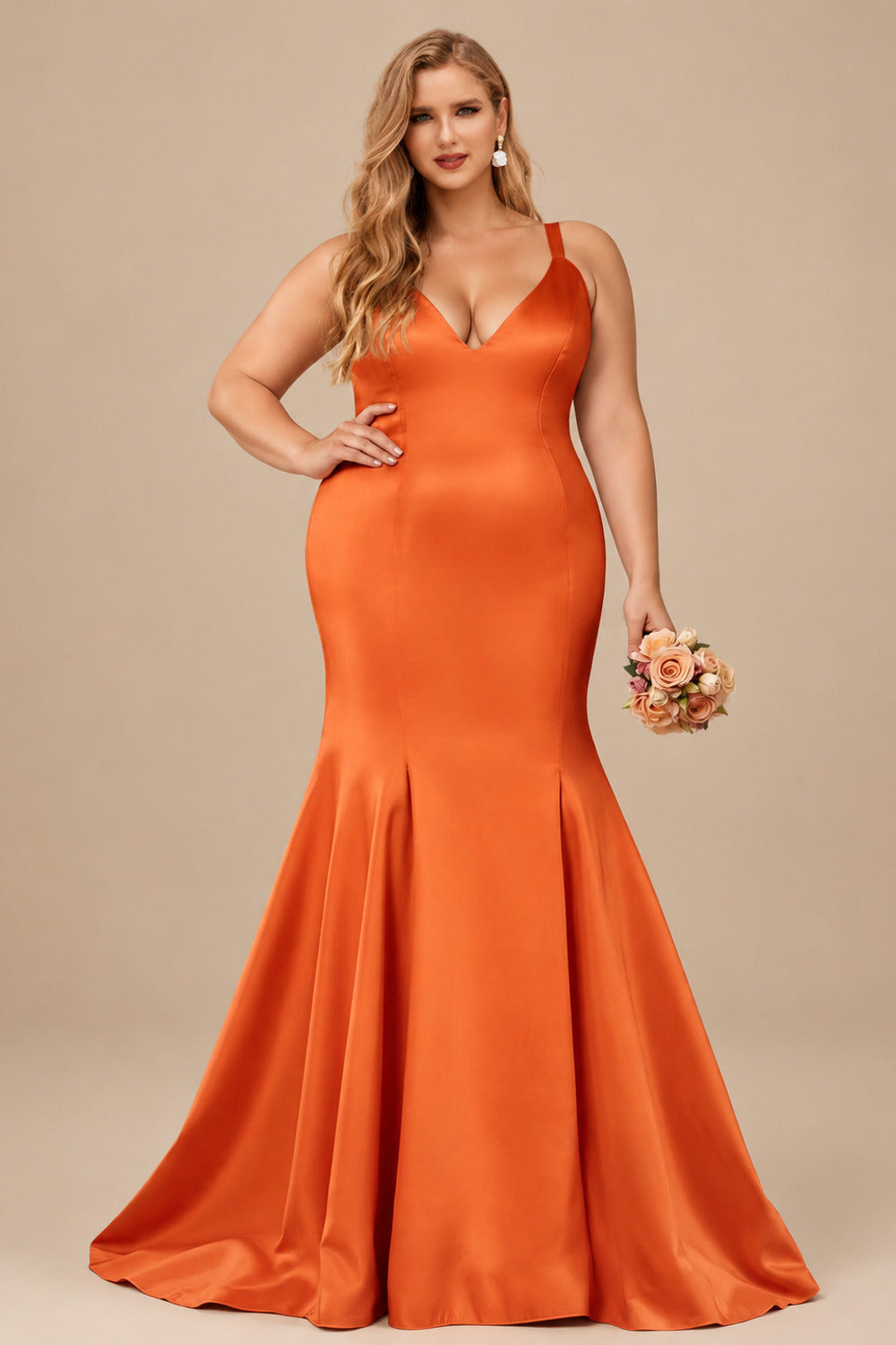 Rutipo Burnt Orange Trumpet/Mermaid V-Neck Sleeveless Sweep Train Satin Bridesmaid Dresses
