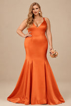Rutipo Burnt Orange Trumpet/Mermaid V-Neck Sleeveless Sweep Train Satin Bridesmaid Dresses