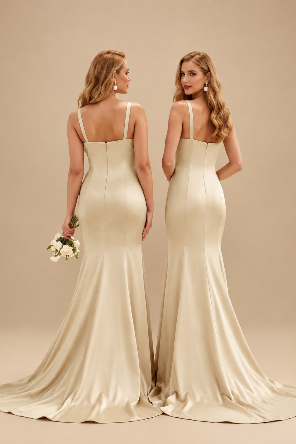 Rutipo Champagne Trumpet/Mermaid V-Neck Sleeveless Sweep Train Satin Bridesmaid Dresses
