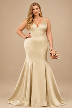 Rutipo Champagne Trumpet/Mermaid V-Neck Sleeveless Sweep Train Satin Bridesmaid Dresses