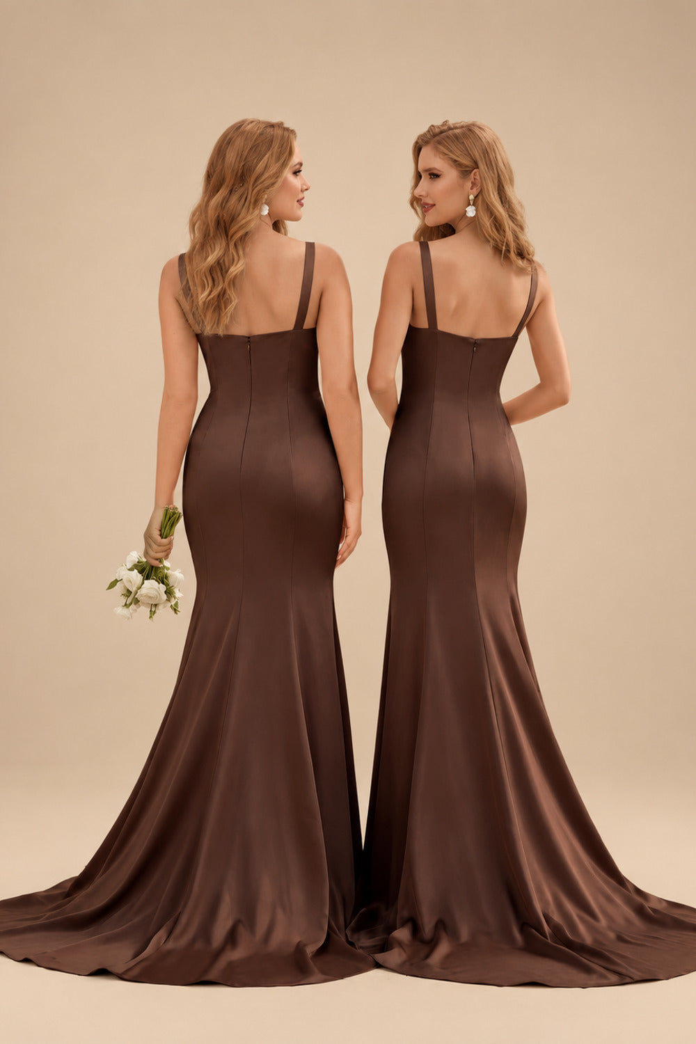 Rutipo Chocolate Trumpet/Mermaid V-Neck Sleeveless Sweep Train Satin Bridesmaid Dresses