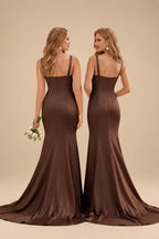 Rutipo Chocolate Trumpet/Mermaid V-Neck Sleeveless Sweep Train Satin Bridesmaid Dresses