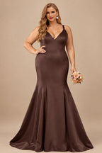 Rutipo Chocolate Trumpet/Mermaid V-Neck Sleeveless Sweep Train Satin Bridesmaid Dresses