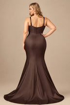 Rutipo Chocolate Trumpet/Mermaid V-Neck Sleeveless Sweep Train Satin Bridesmaid Dresses