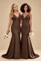 Rutipo Chocolate Trumpet/Mermaid V-Neck Sleeveless Sweep Train Satin Bridesmaid Dresses