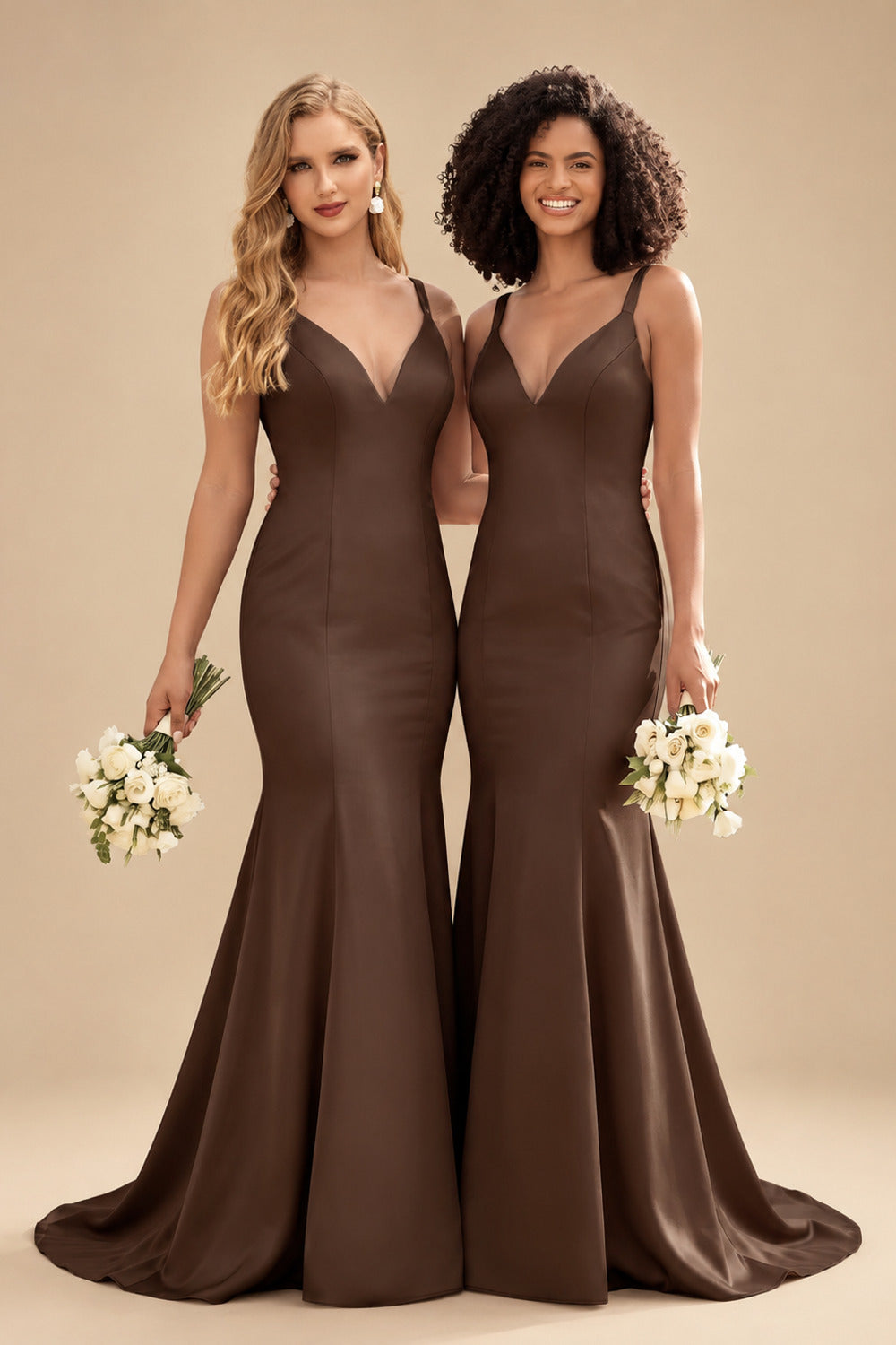 Rutipo Chocolate Trumpet/Mermaid V-Neck Sleeveless Sweep Train Satin Bridesmaid Dresses
