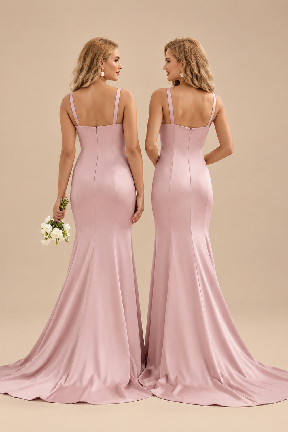 Rutipo Dusty Rose Trumpet/Mermaid V-Neck Sleeveless Sweep Train Satin Bridesmaid Dresses