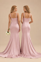 Rutipo Dusty Rose Trumpet/Mermaid V-Neck Sleeveless Sweep Train Satin Bridesmaid Dresses