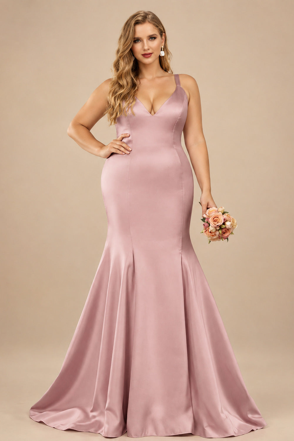 Rutipo Dusty Rose Trumpet/Mermaid V-Neck Sleeveless Sweep Train Satin Bridesmaid Dresses