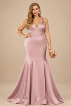 Rutipo Dusty Rose Trumpet/Mermaid V-Neck Sleeveless Sweep Train Satin Bridesmaid Dresses
