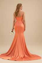 Rutipo Orange Trumpet/Mermaid V-Neck Sleeveless Sweep Train Satin Bridesmaid Dresses
