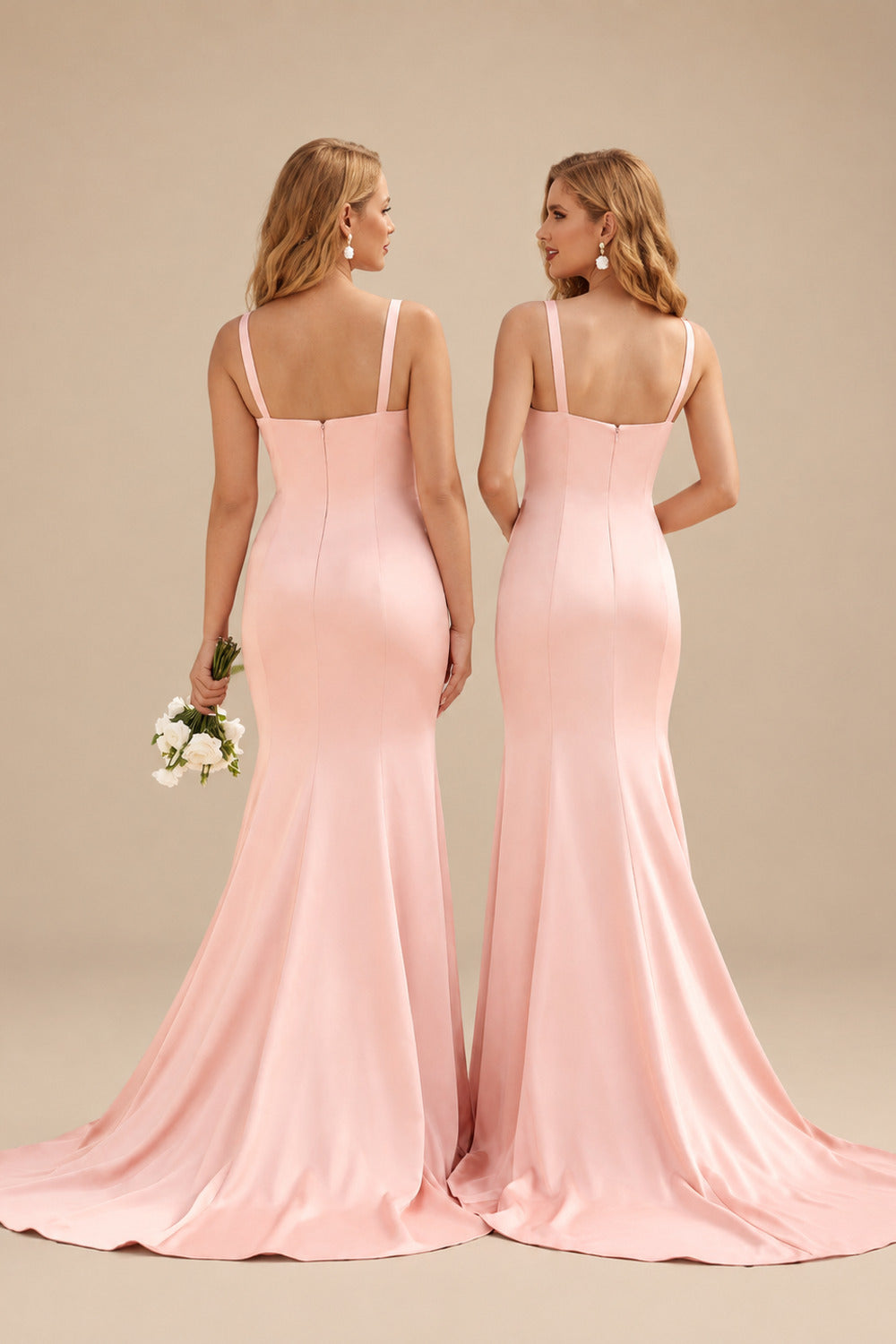Rutipo Pearl Pink Trumpet/Mermaid V-Neck Sleeveless Sweep Train Satin Bridesmaid Dresses