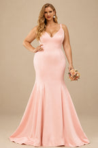 Rutipo Pearl Pink Trumpet/Mermaid V-Neck Sleeveless Sweep Train Satin Bridesmaid Dresses