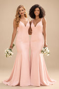 Rutipo Pearl Pink Trumpet/Mermaid V-Neck Sleeveless Sweep Train Satin Bridesmaid Dresses