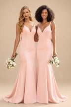 Rutipo Pearl Pink Trumpet/Mermaid V-Neck Sleeveless Sweep Train Satin Bridesmaid Dresses