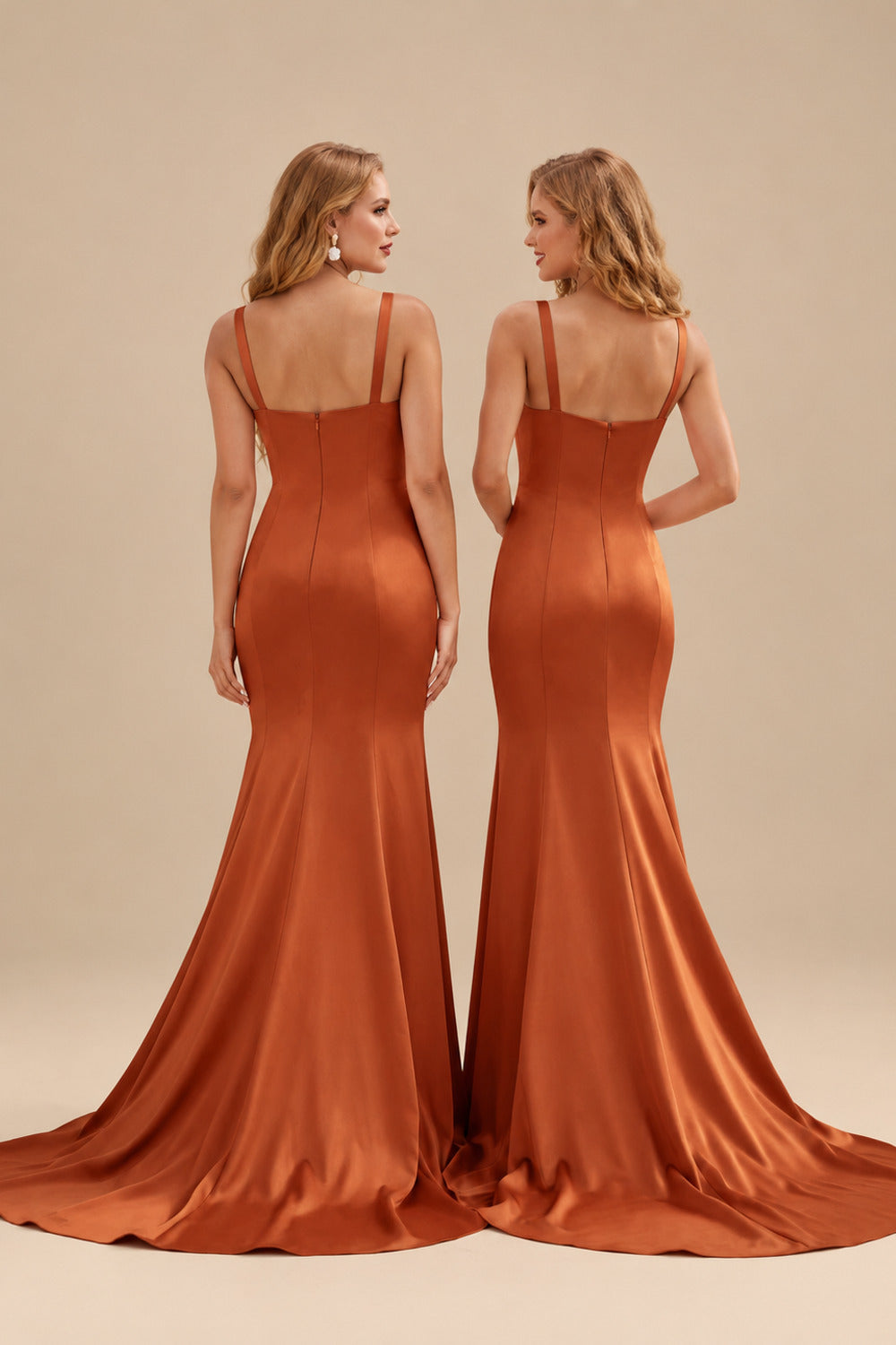 Rutipo Terracotta Trumpet/Mermaid V-Neck Sleeveless Sweep Train Satin Bridesmaid Dresses
