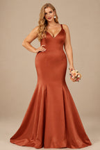 Rutipo Terracotta Trumpet/Mermaid V-Neck Sleeveless Sweep Train Satin Bridesmaid Dresses