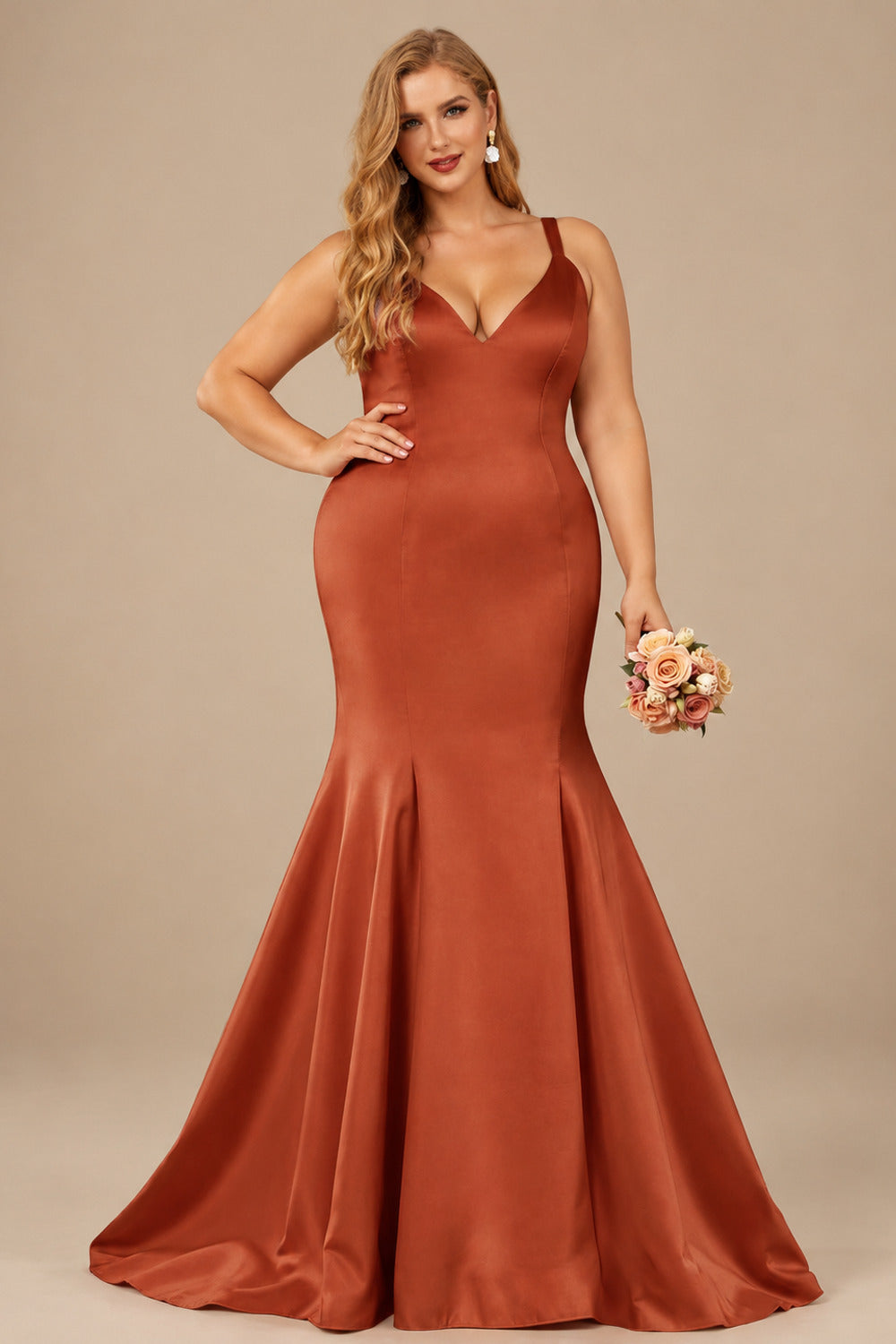 Rutipo Terracotta Trumpet/Mermaid V-Neck Sleeveless Sweep Train Satin Bridesmaid Dresses