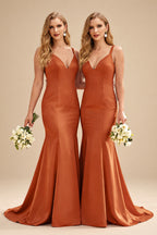 Rutipo Terracotta Trumpet/Mermaid V-Neck Sleeveless Sweep Train Satin Bridesmaid Dresses